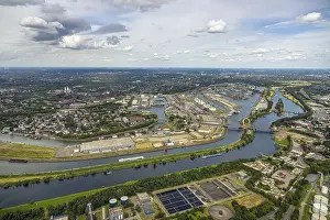 Aerial view, Duisburg-Nord, duisport harbour Duisburg with oil island