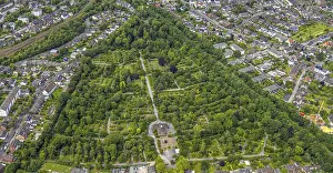Aerial view, Duisburg-West, cemetery Trompet and church Reha