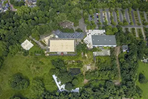 Aerial view, Duisburg-West, volleyball beach arena Toeppersee