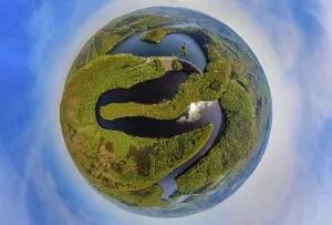 Aerial view, earth globe, fisheye image