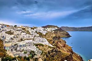 Aerial view of famous caldera bay on Santorini island
