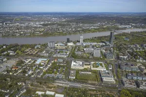 Aerial view, Federal District with Post Tower on the Rhine River
