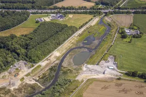 Aerial view, flood retention basin on the River Emscher