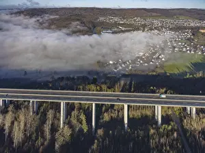 Aerial view, fog at the Hunenburg viaduct of the A46 motorway in the Oventrop district of Arnsberg