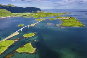 Aerial view, Fredvang Bridge, Torsfjorden near Fredvang