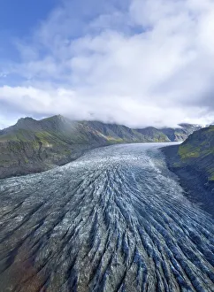 Aerial view of the glacier tongue of Svinafellsjoekull Glacier