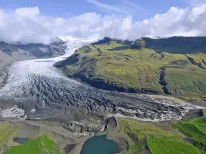Aerial view of the glacier tongue of Svinanesjoekull Glacier