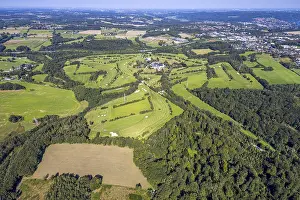 Aerial view, golf course Gut Berge golf meadow on the A1 motorway