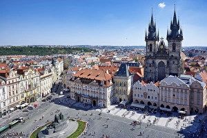 Aerial view of the Gothic Church of Our Lady before Tyn in Old Town Square