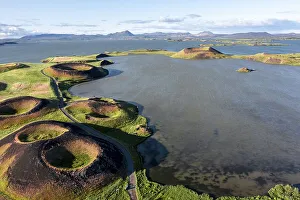 Aerial view of green volcanic crater