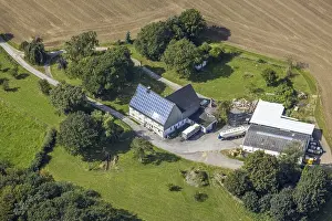 Aerial view, half-timbered house with solar roof in Oberhulsenbecke in the district Ruggeberg in Ennepetal