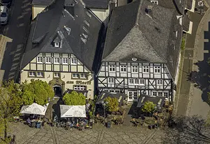Aerial view, half-timbered houses with Restaurant Jagerhof and Cafe am Markt
