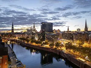 Aerial view of Hamburg's Speicherstadt warehouse district on the Zollkanal during the blue hour