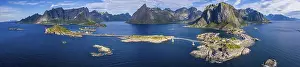 Aerial view, Hamnoy and Reine, Reinefjord with mountains