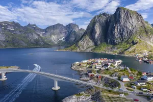 Framed Print : Aerial view, Hamnoy, Reinefjord with mountains