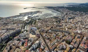 Aerial view, harbour Port de Palma with view of town and old town