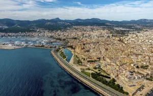 Aerial view, harbour Port de Palma with view of town and old town