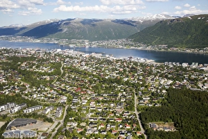Aerial view, harbour and suburban housing