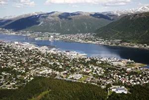 Aerial view, harbour and suburban housing