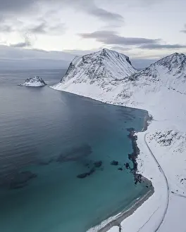 Aerial view, Haukland Beach in winter, Norway