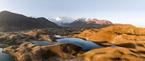 Aerial view, high mountain landscape with glacial moraines and mountain lakes