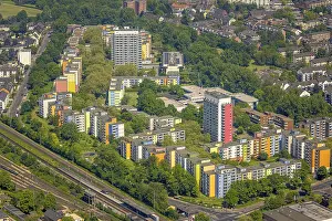 Aerial view, high-rise buildings Furstenberg housing estate with colourful facade