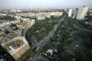 Aerial view of high rise with office building