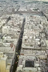 Aerial view of the historic centre with a view of the cathedral and the National Palace, Ciudad de Mexico, Mexico City, CDMX, Mexico around 1961