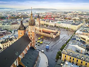 Aerial view of historic market square at sunrise