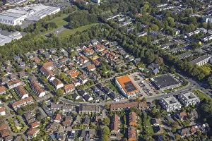 Aerial view, housing estate with Edeka and Norma supermarket