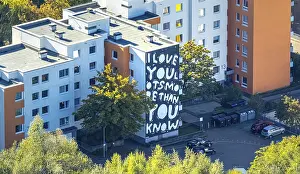 Aerial view, housing estate SemperstraBe and Gropiusweg with graffiti i love you lots more than you know