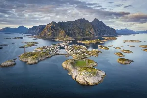 Aerial view of the island world near the fishing village Henningsvaer