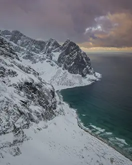 Aerial view, Kvalvika beach in winter with snow
