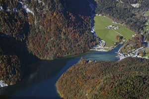 Aerial view over lake Koenigssee from the mountain Jenner in autumn