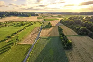 Aerial view of a landscape with forest in the foreground at sunset