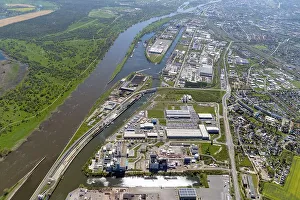 Aerial view, Magdeburg, port, trade