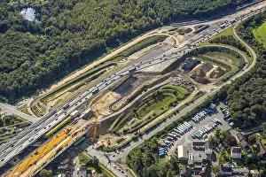 Aerial view, major construction site motorway A40 Rhine bridge Neuenkamp
