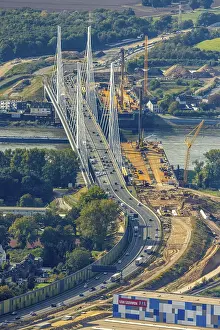 Aerial view, major construction site motorway A40 Rhine bridge Neuenkamp over the river Rhine