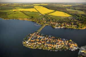 Aerial view, Malchow with Malchower See lake and the island with the historic centre and its old market square