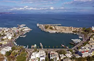 Aerial view, Mandraki harbor, seaport