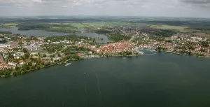 Aerial view, Marina Waren, half-timbered houses at the New Market
