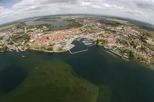 Aerial view, Marina Waren, half-timbered houses at the New Market