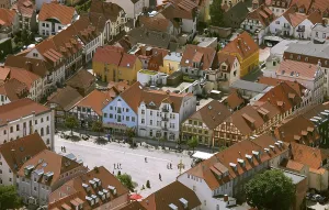 Aerial view, Marina Waren, half-timbered houses at the New Market
