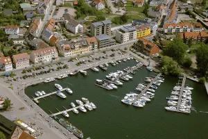 Aerial view, Marina Waren, half-timbered houses at the New Market