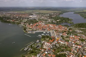 Aerial view, Marina Waren, half-timbered houses at the New Market