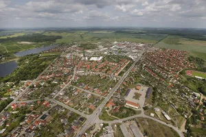 Aerial view, Marina Waren, half-timbered houses at the New Market
