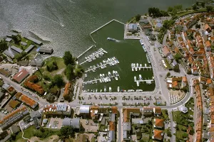 Aerial view, Marina Waren, half-timbered houses at the New Market