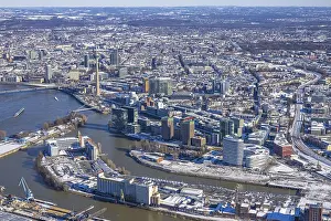 Aerial view, media harbour with Rhine Tower
