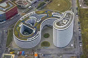 Aerial view, Medienhafen, office towers KesselstraBe