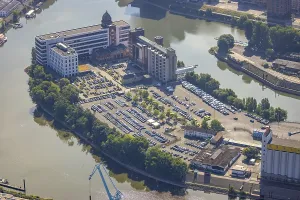 Aerial view, Medienhafen, Plange Muhle hospital building and office and residential buildings
